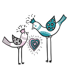 Two love birds with color heart ornament. Love concept. Vector EPS 10 illustration.
