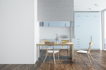 White kitchen, blue and white furniture side