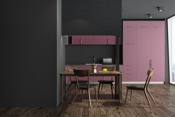 Black kitchen, red and black furniture, wall