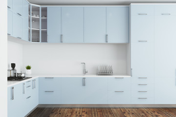 White kitchen, blue countertops