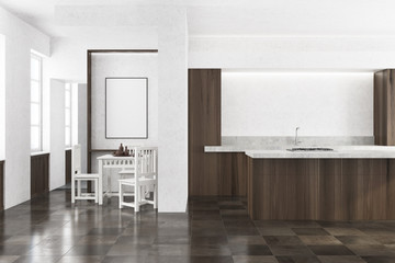White kitchen, wooden countertops, poster