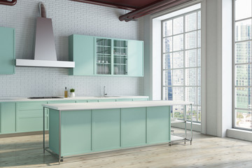 White kitchen corner, green countertops