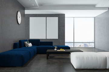 White and gray living room, posters