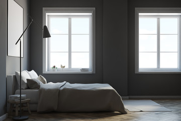 Dark gray bedroom with a poster, side view