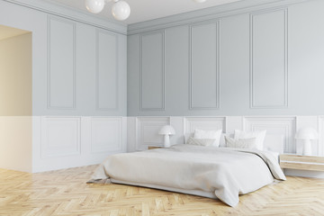 Stylish master bedroom interior, white side