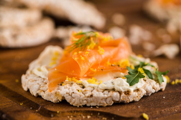 Smoked salmon on rice bread toasts