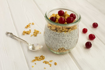 Pudding with chia,cranberry and muesli on the white wooden background