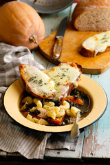 italian pumpkin kale chicken noodle soup fontina toast