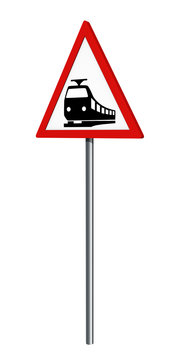 Deutsches Verkehrszeichen: Bahnübergang, auf weiß isoliert, 3d render