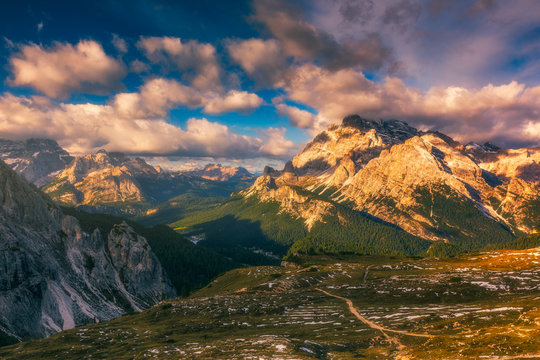 Majestic Dolomites mountain range, valley with south tyrol dolomites background. South Tyrol, Dolomites, Italy.