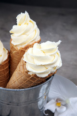 Vanilla frozen yogurt or soft ice cream in waffle cone.