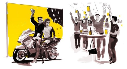 Motorcyclist and cheerful girl, party, graphic illustration