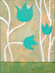 Blue Flowers - Decorative acrylic painting of blue flowers with white stem.