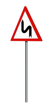 Deutsches Verkehrszeichen: Doppelkurve links, auf weiß isoliert, 3d render