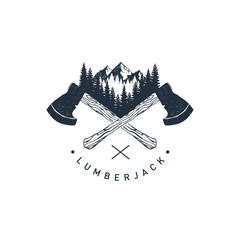 Hand drawn travel badge with crossed axes, mountains and fir trees textured vector illustrations and "Lumberjack" lettering.