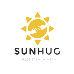 Yellow sun hug logo for company business. Creative symbol with tagline on white background.