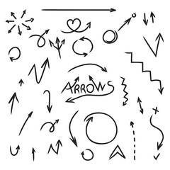 Set of arrows hand drawn. Doodle design element collection on white background.