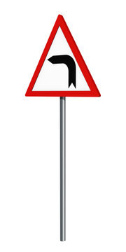 Deutsches Verkehrszeichen: Kurve Links, auf weiß isoliert, 3d render