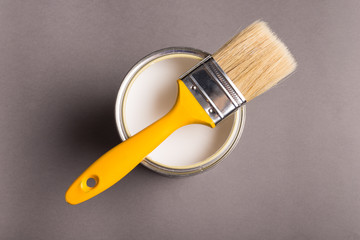 Paint Brush Top View On grey Background.