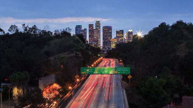 Freeway leading to downtown of city of Los Angeles skyline., hyperlapse.