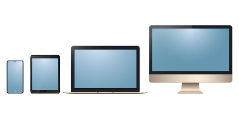 Realistic new set of monitor imac, laptop macbook. tablet ipad, smartphone iphone isolated on a white background.