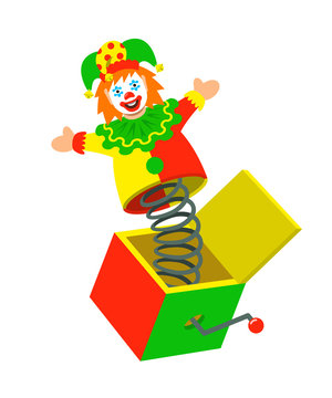 Jester pops out a box. Surprise joke for April Fools day. Jack in a box toy. Vector cartoon illustration