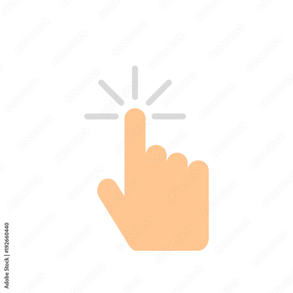 Poster hand button click, computer in flat style