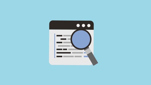 magnifying glass examining tab window with text lines on screen icons animation design