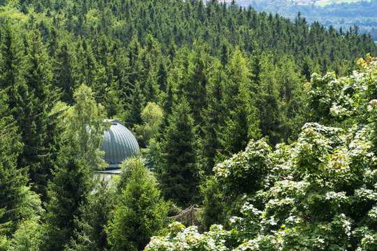 Klet astronomical observatory in forest south of the Mount Klet summit near Josefs lookout tower, Blansky forest, Czech Republic
