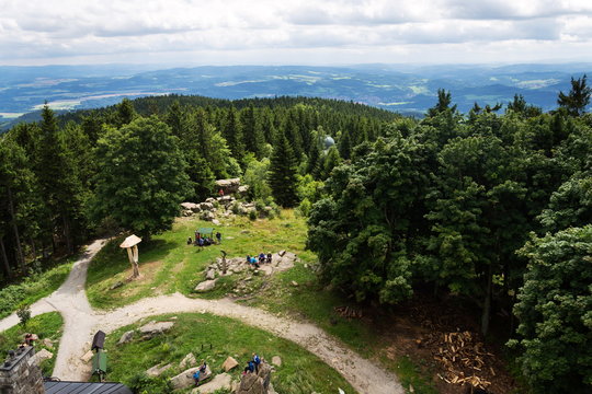 Klet astronomical observatory in forest south of the Mount Klet summit near Josefs lookout tower, Blansky forest, Czech Republic