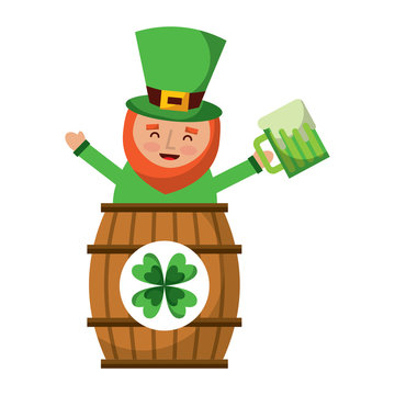 st. patricks day leprechaun inside on a barrel with a pint of beer in his hand vector illustration