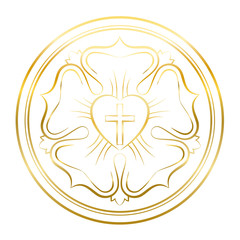 Luther rose symbol. Golden illustration on white background. Martin Luther seal, symbol of Lutheranism, consisting of a cross, a heart, a single rose and a ring.