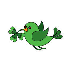 green bird flying with clover in beak
