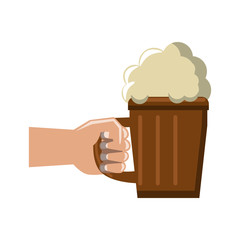 Hand with beer on wooden cup icon vector illustration graphic design