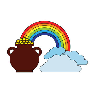 cauldron coins treasure rainbow clouds fantasy vector illustration