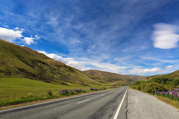 Fototapeta premium A straight country road between green hills in New Zealand. Bright blue sky with white clouds, sunny day