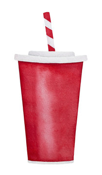 Large Classic Takeaway Red Soda Paper Cup With Straw, Ready To Drink. One, Single Object. Fun, Refreshment, Entertainment Symbol. Hand Drawn Watercolour Graphic On White Background, Cutout Isolate.