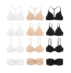 selection of different bra types in white black and nude - obrazy, fototapety, plakaty