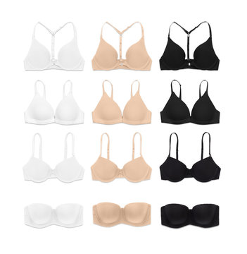 selection of different bra types in white black and nude