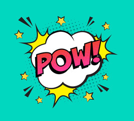 Retro comic speech bubble with colorful halftone shadow on green pattern. Expression text POW. Vector illustration, vintage design, pop art style.