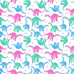 Fototapeta premium Cute colorful seamless pattern with dinosaurs on white background. Bright background for kids. Vector illustration for textile manufacturing, notebooks etc