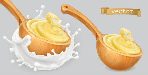 Instant mashed potatoes, with butter and milk. 3d vector icon set