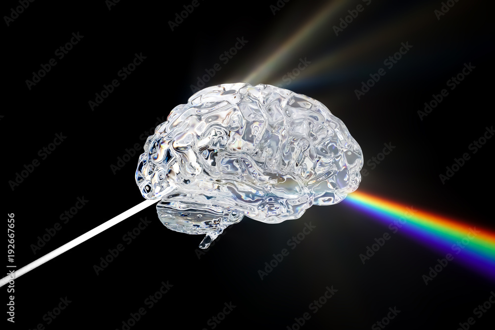 Poster glass human brain with visible spectrum wave rays, 3d rendering