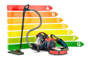 Energy efficiency chart with vacuum cleaners. Saving energy consumption concept, 3D rendering