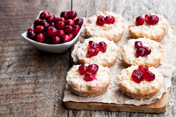 Crumble  topped fruit pies on wooden table. Christmas dessert.