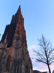 Von der untergehenden Sonne rot angeleuchtetes Ulmer M&uuml;nster
