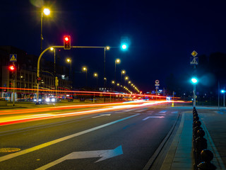 Night view of city streets with traffic at the intersection of roads