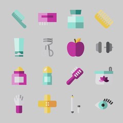 Icons about Beauty with comb, dumbbell, apple, eyelash, eye pencil and cream