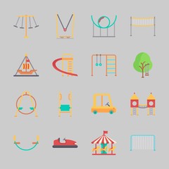 Icons about Amusement Park with swings, playground, toy car, roller coaster, climb  and fun