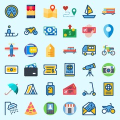 Icons about Travel with sleigh, motorbike, route, plane ticket, scooter and car